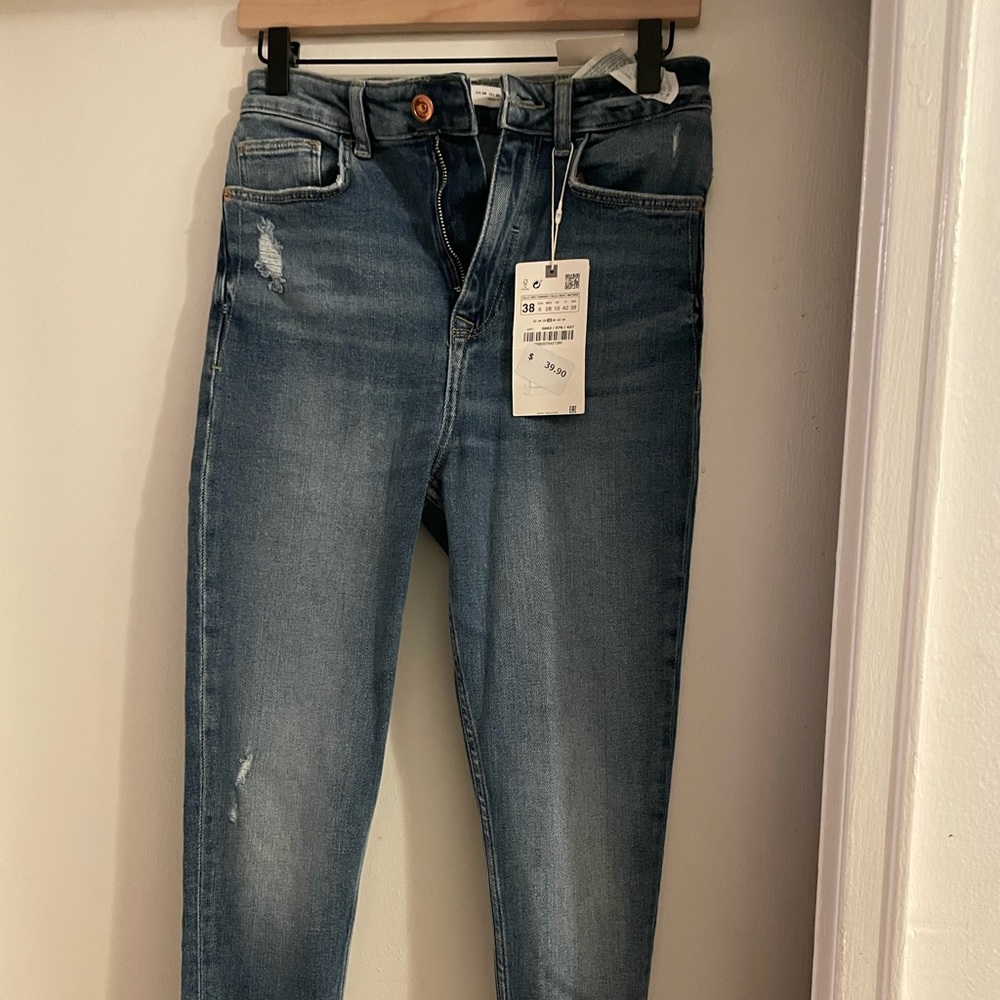 Zara High Rise Skinny Jeans, medium blue, distressed